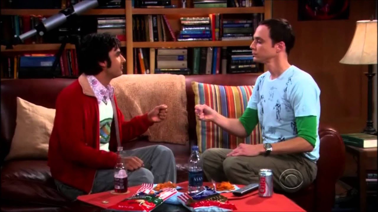 Raj and Sheldon playing rock paper scissors lizard Spock